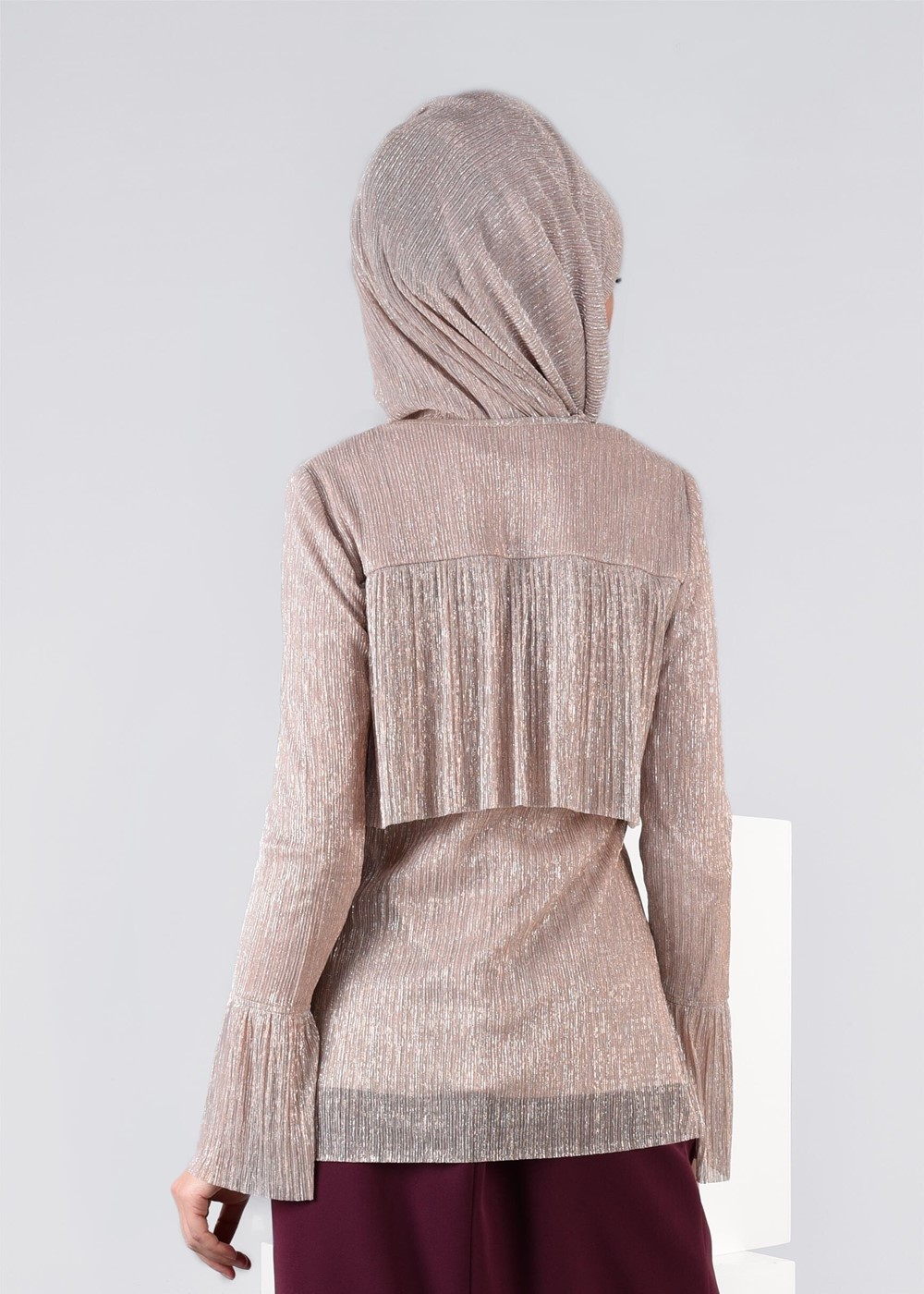 Tesettür giyim PUDRA SİMLİ KUMAŞ VOLANLI BLUZ 4527 