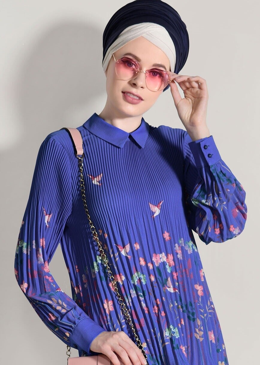 Tesettür giyim LACİVERT PİLİSELİ BASKILI BLUZ 5198