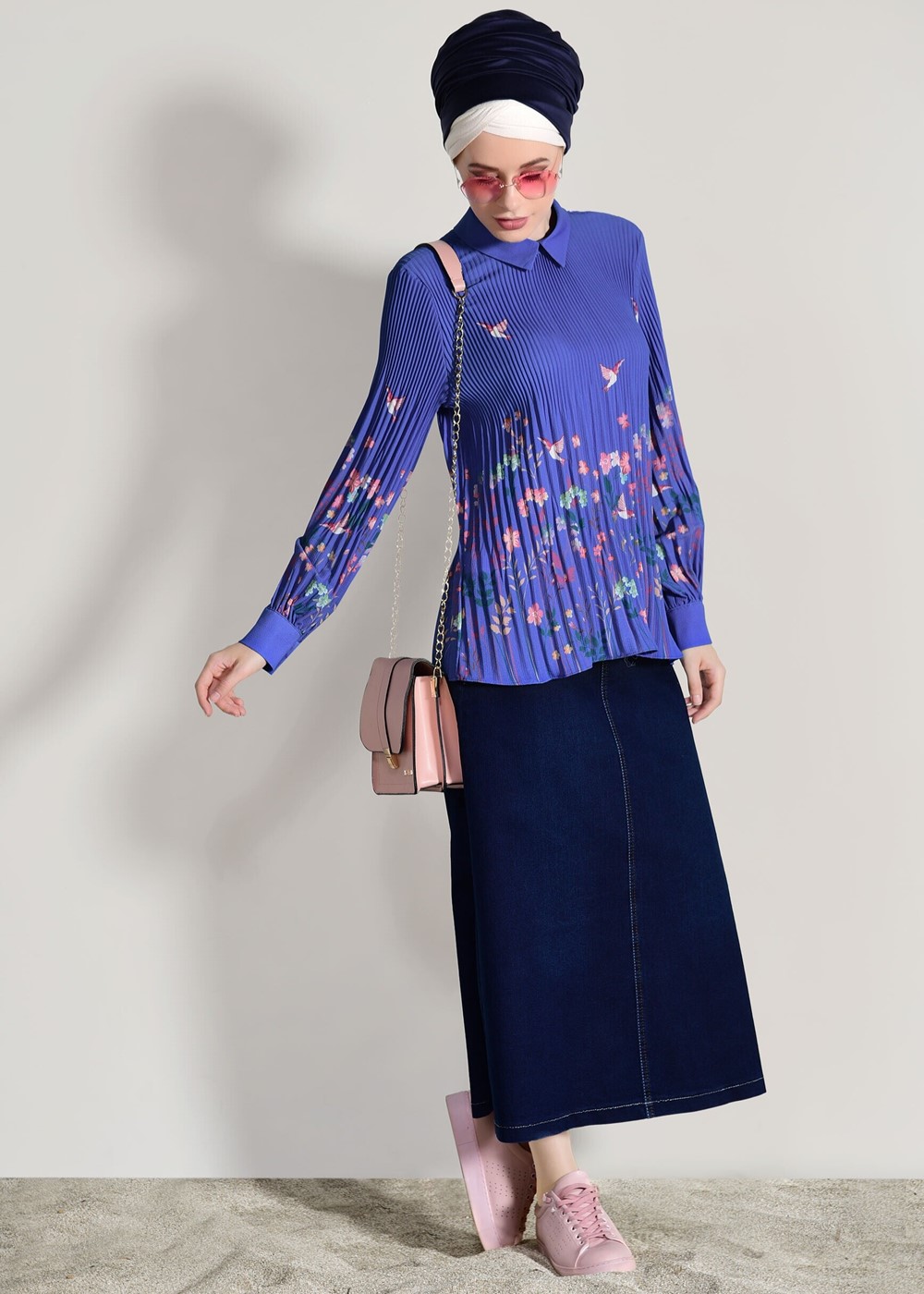 Tesettür giyim LACİVERT PİLİSELİ BASKILI BLUZ 5198