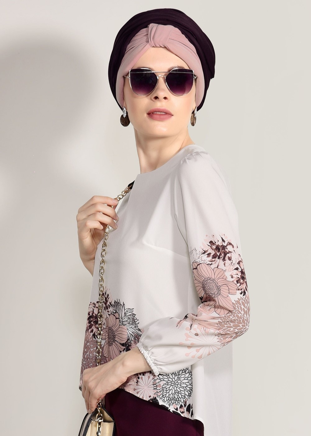 Tesettür giyim KREM DİJİTAL BASKI DESENLİ BLUZ 5308 
