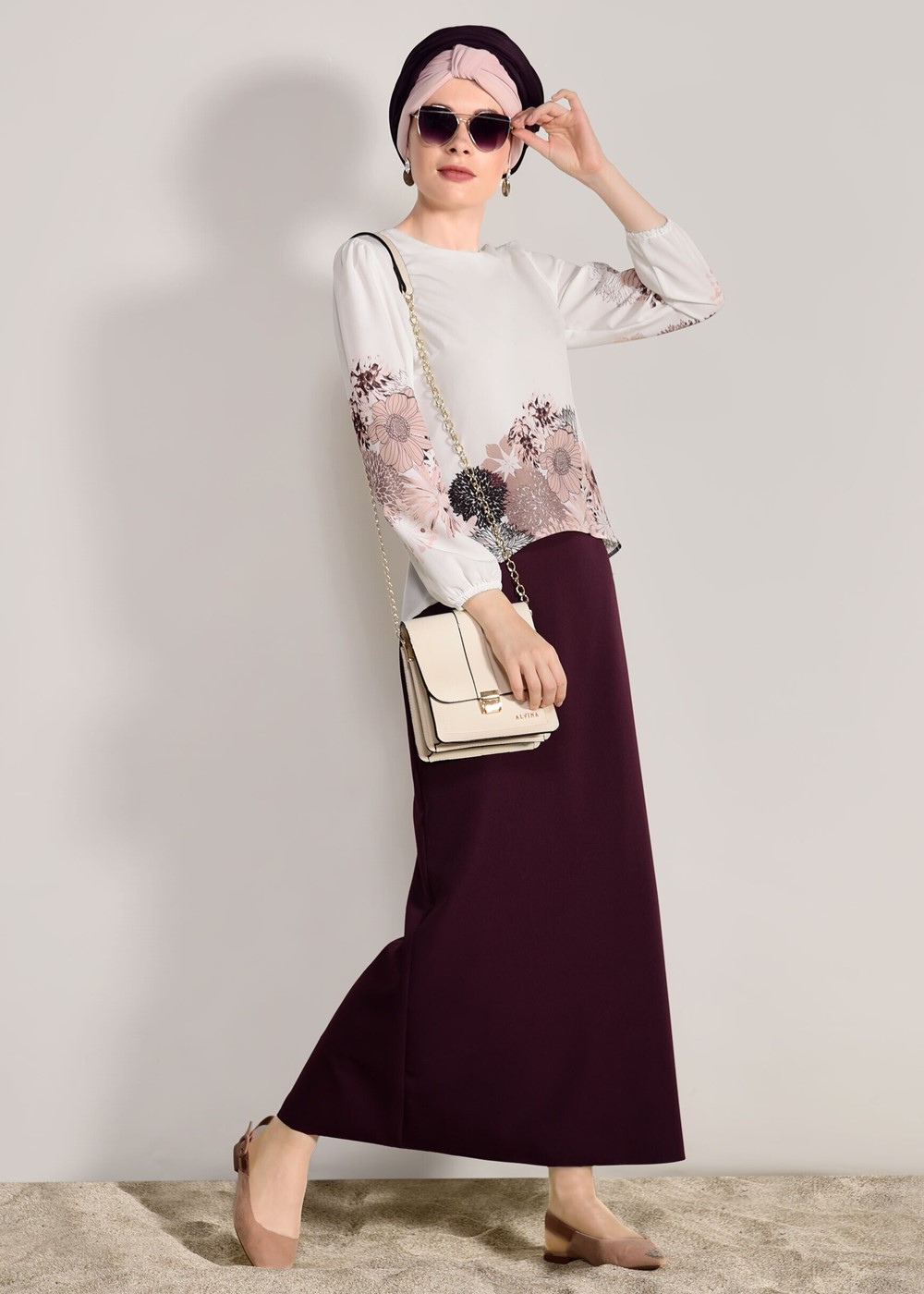 Tesettür giyim KREM DİJİTAL BASKI DESENLİ BLUZ 5308 