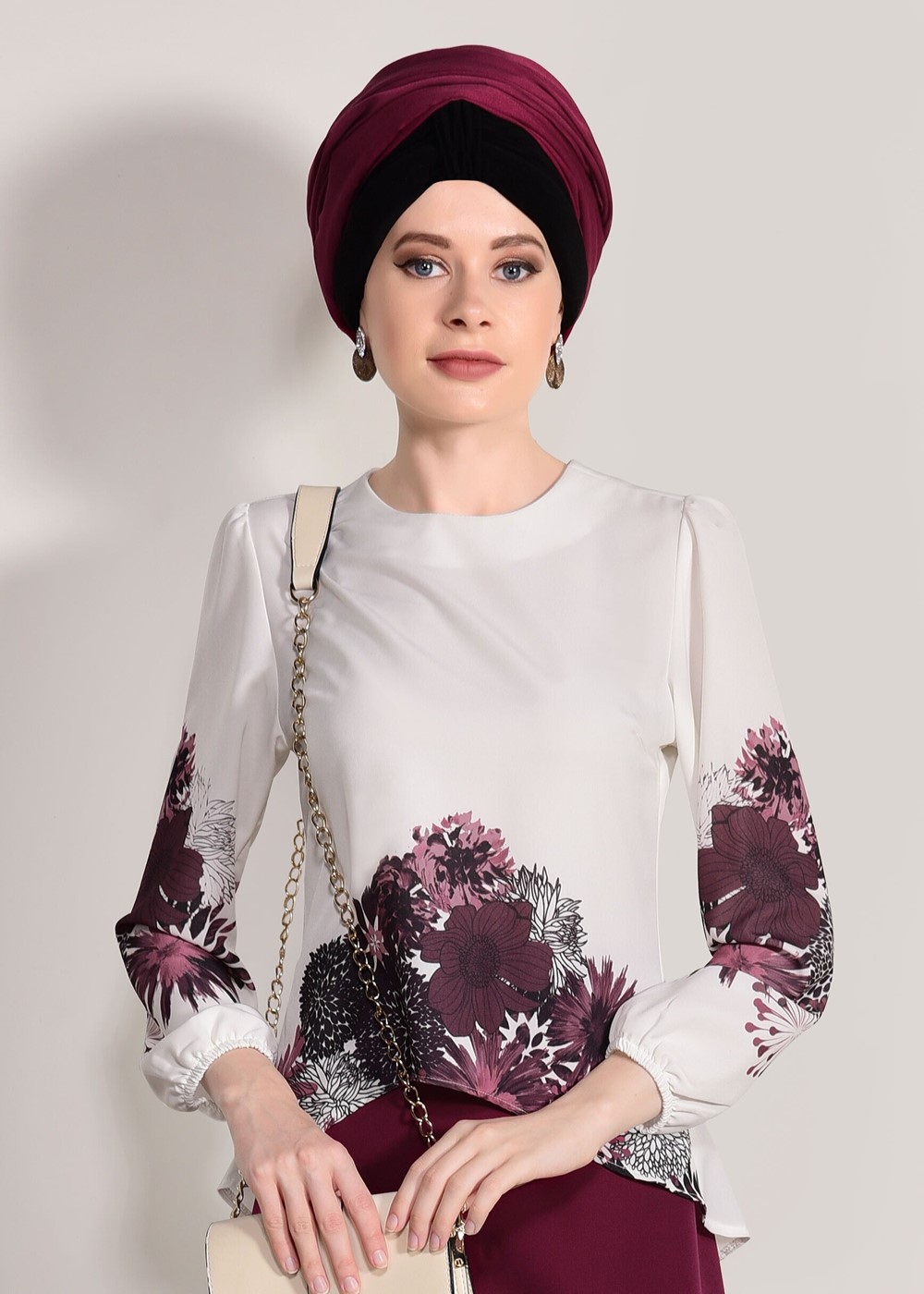 Tesettür giyim KREM DİJİTAL BASKI DESENLİ BLUZ 5308 