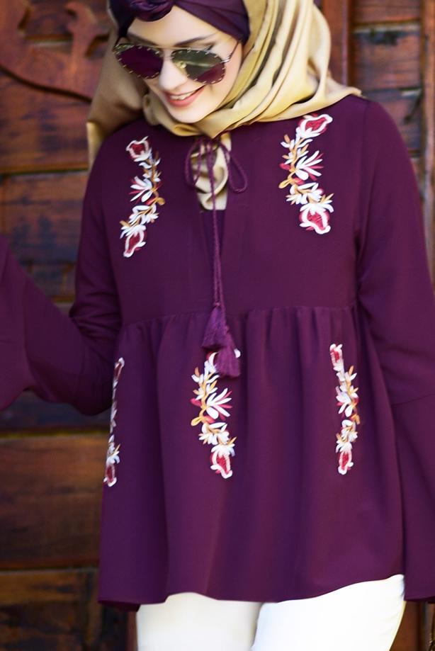 Tesettür giyim  KOLLARI VOLANLI NAKIŞ DETAYLI BLUZ 5505  - TRENDTESETTÜR