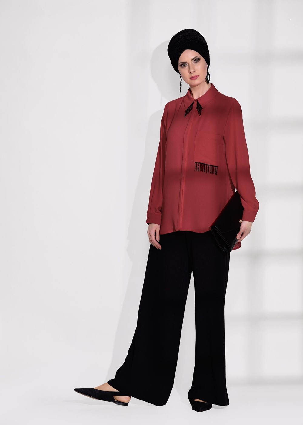 Tesettür giyim KIRMIZI T 6102 Stn- Aksesuar Detaylı Bluz
