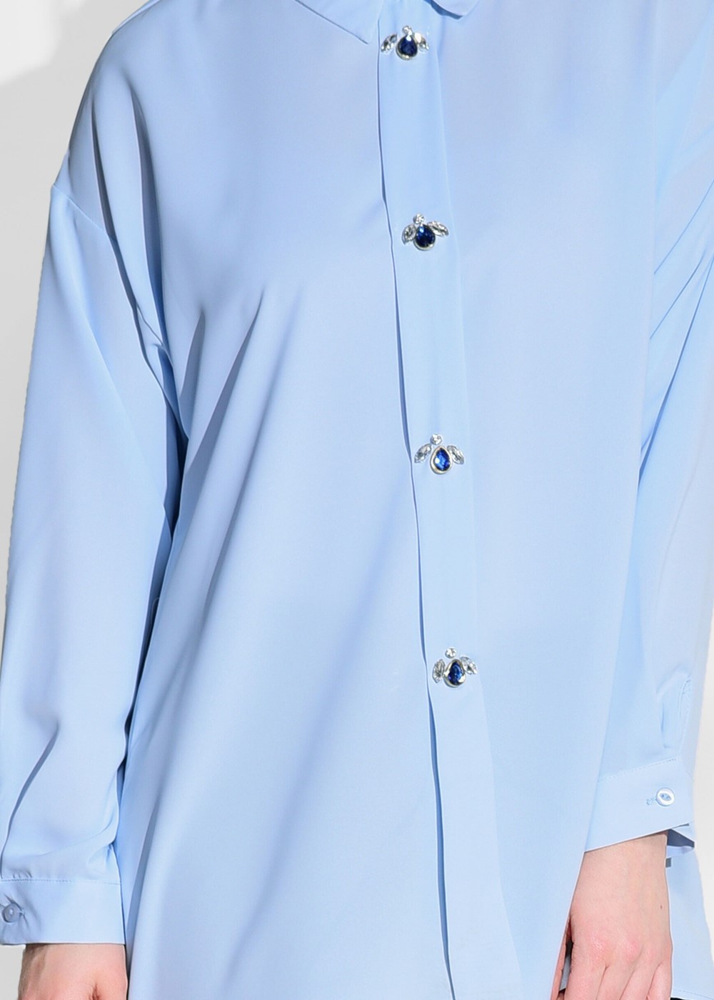 Tesettür giyim MAVİ T 6375 Asmiray- İşleme Detaylı Salaş Bluz