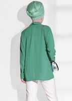 Tesettür giyim YEŞİL T 6375 Asmiray- İşleme Detaylı Salaş Bluz