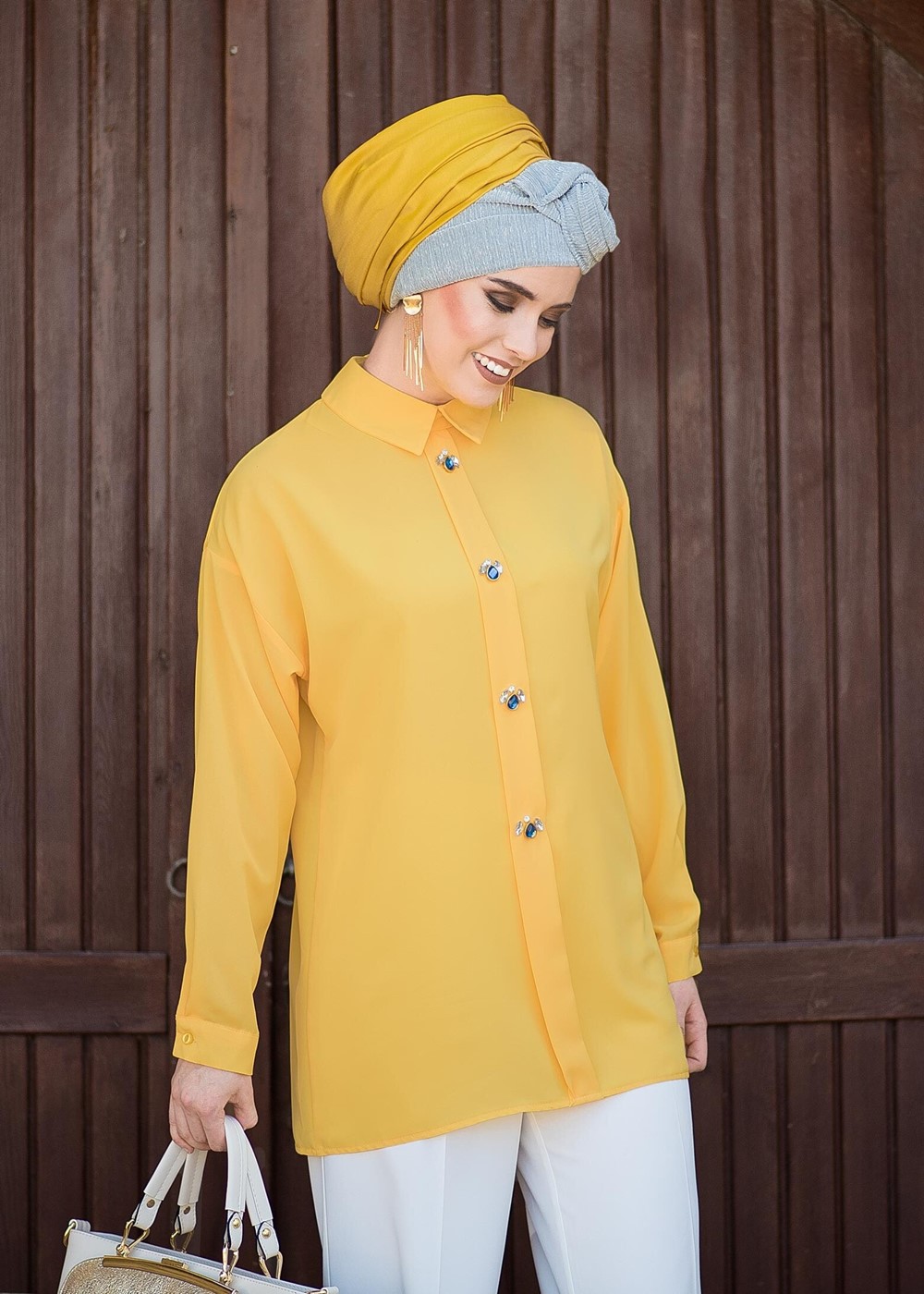 Tesettür giyim SARI T 6375 Asmiray- İşleme Detaylı Salaş Bluz