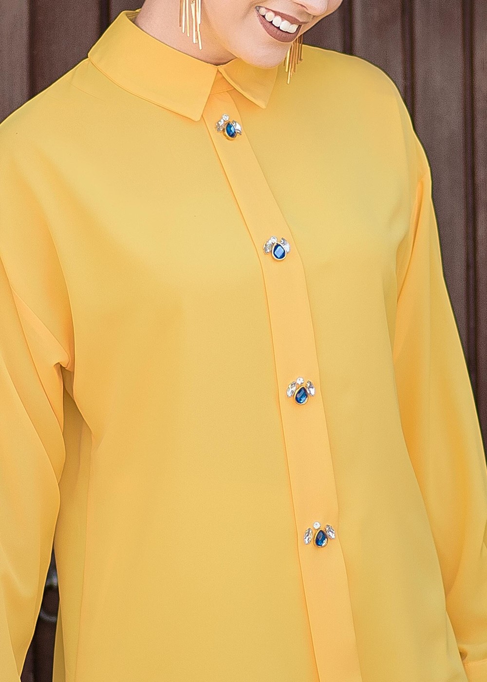 Tesettür giyim SARI T 6375 Asmiray- İşleme Detaylı Salaş Bluz