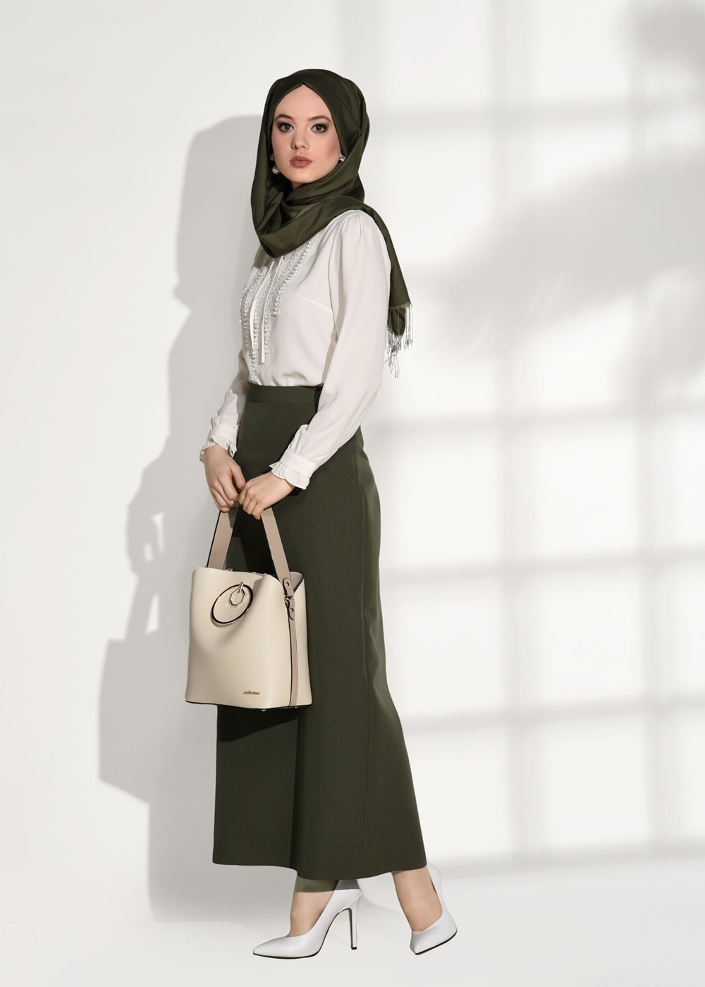 Tesettür giyim KREM T 6507 Armalin- Örgü Detaylı Bluz