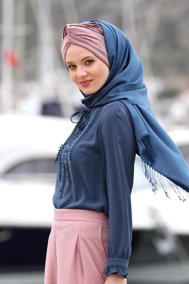 Tesettür giyim  T 6507 Armalin- Örgü Detaylı Bluz - TRENDTESETTÜR