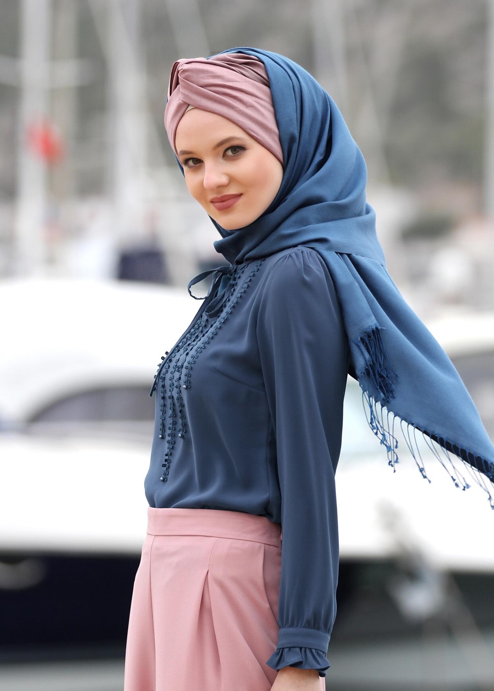 Tesettür giyim LACİVERT T 6507 Armalin- Örgü Detaylı Bluz