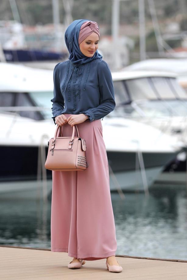 Tesettür giyim  T 6507 Armalin- Örgü Detaylı Bluz - TRENDTESETTÜR