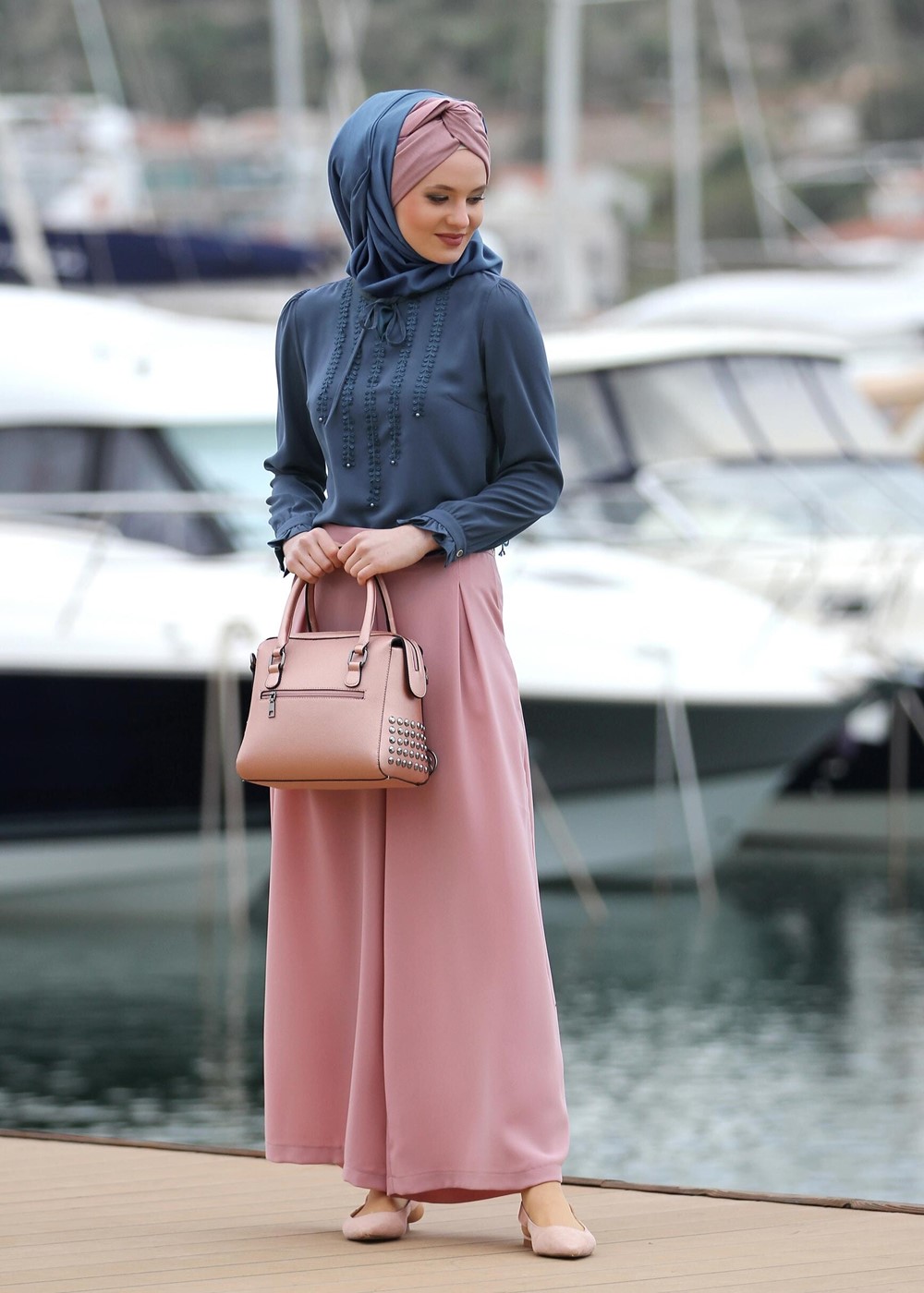 Tesettür giyim LACİVERT T 6507 Armalin- Örgü Detaylı Bluz