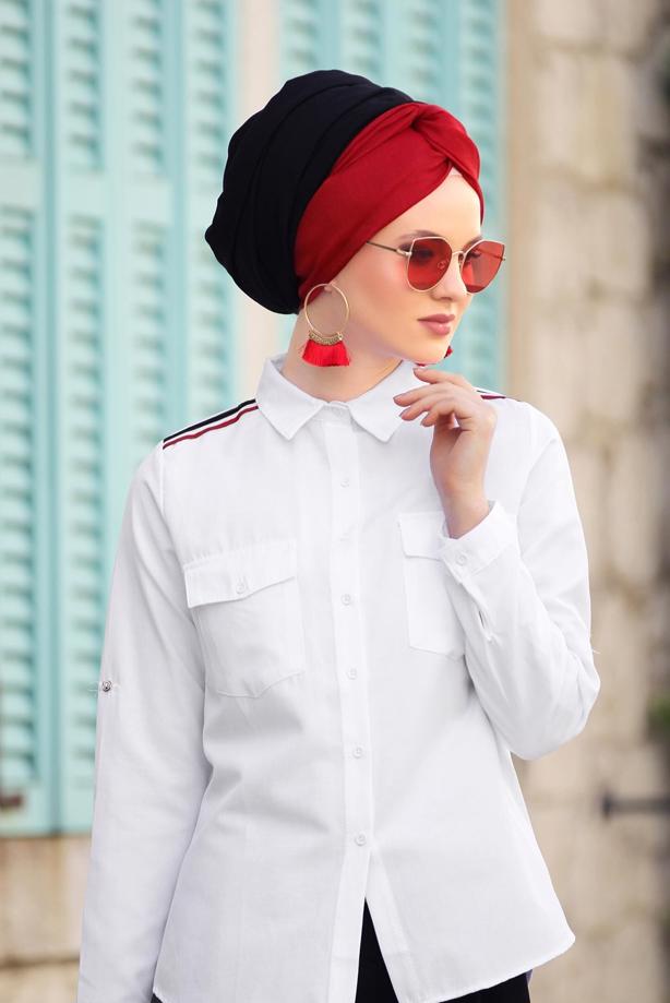 Tesettür giyim  CEPLİ ŞERİT DETAYLI BLUZ 6524 - TRENDTESETTÜR