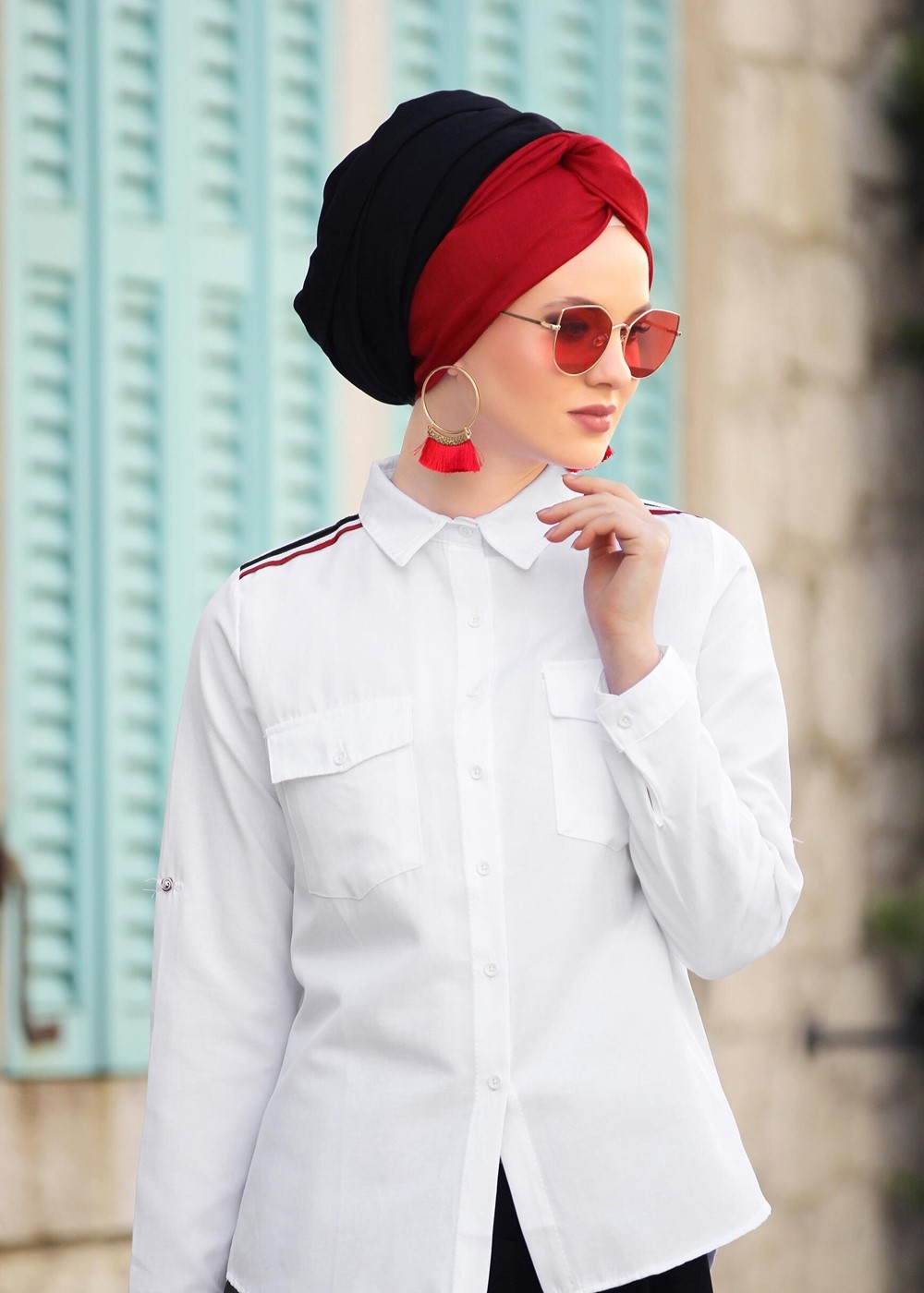 Tesettür giyim EKRU CEPLİ ŞERİT DETAYLI BLUZ 6524