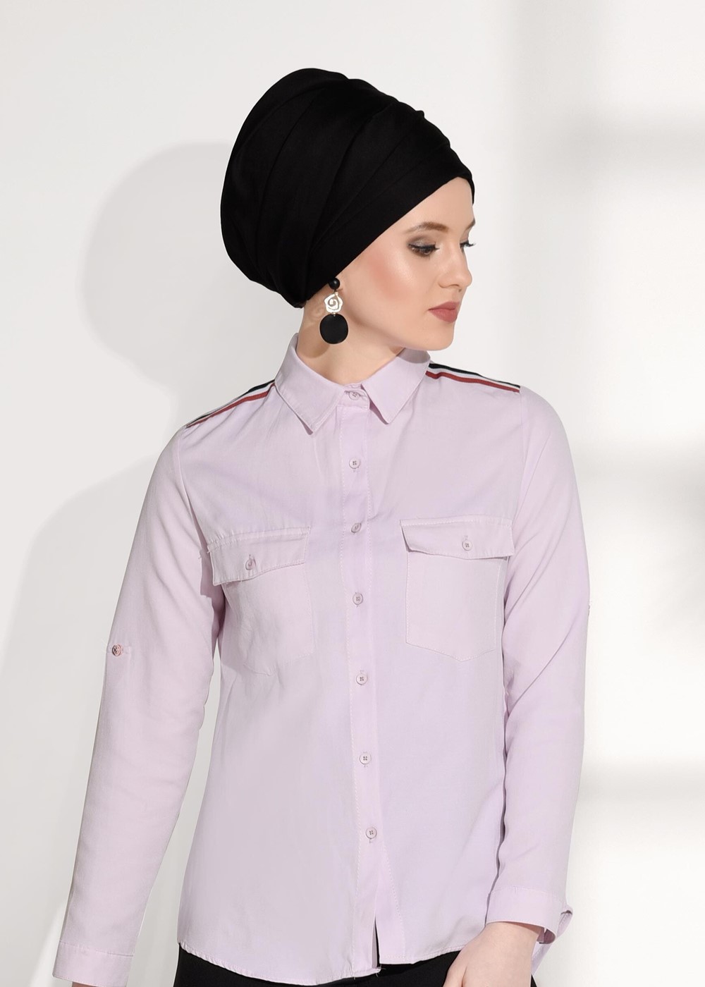 Tesettür giyim PUDRA CEPLİ ŞERİT DETAYLI BLUZ 6524