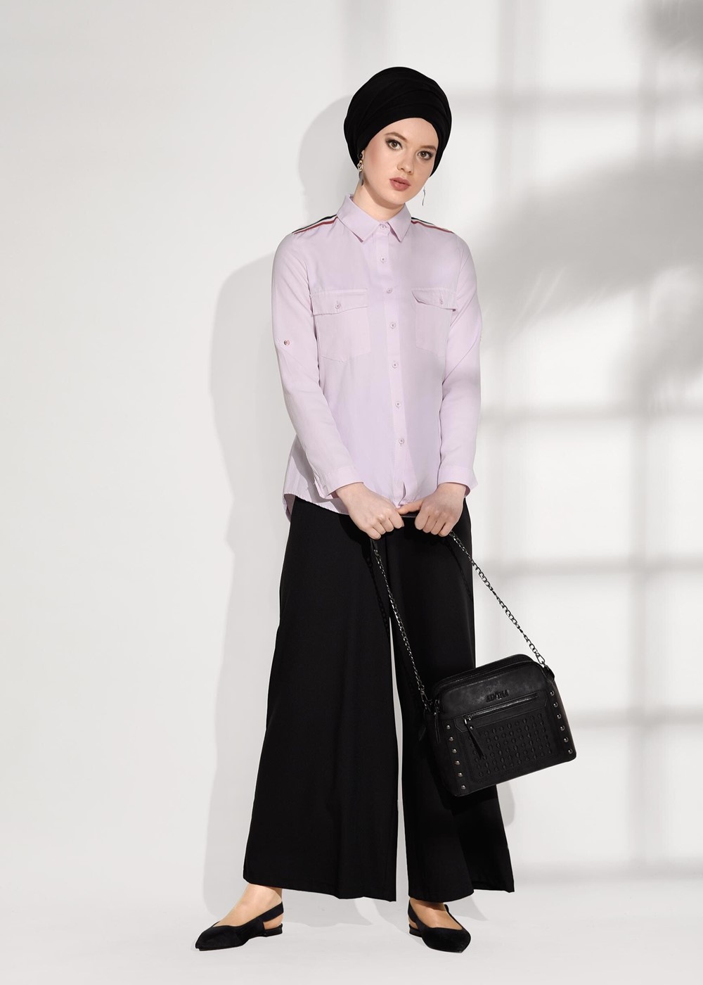 Tesettür giyim PUDRA CEPLİ ŞERİT DETAYLI BLUZ 6524