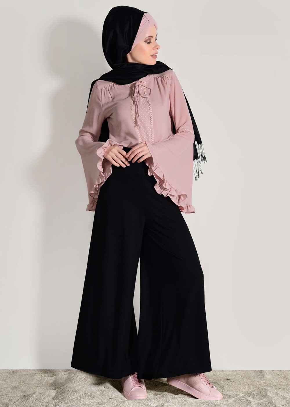 Tesettür giyim PUDRA KOLLARI VOLANLI BLUZ 7142