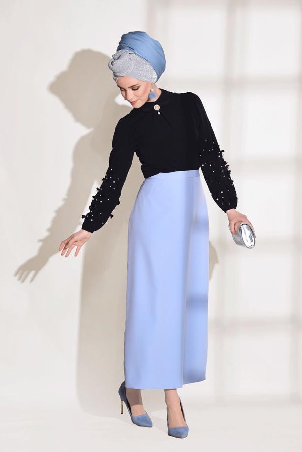 Tesettür giyim  T 7907 Armalin- Boncuk İşlemeli Erkek Yaka Bluz - TRENDTESETTÜR