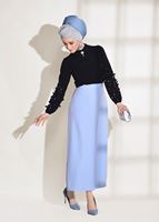 Tesettür giyim SİYAH T 7907 Armalin- Boncuk İşlemeli Erkek Yaka Bluz