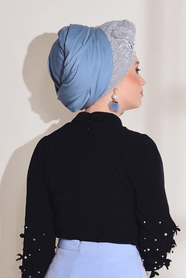 Tesettür giyim  T 7907 Armalin- Boncuk İşlemeli Erkek Yaka Bluz - TRENDTESETTÜR