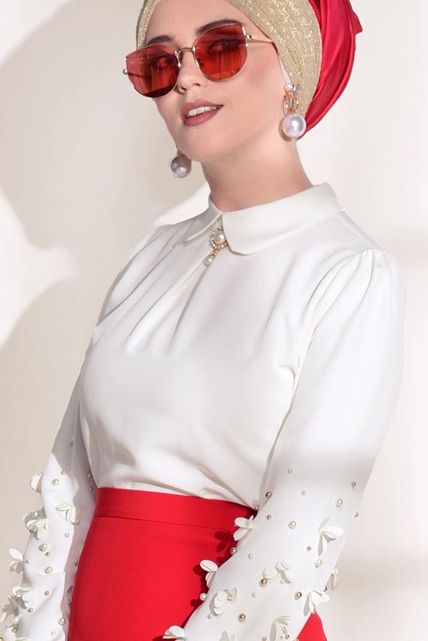 Tesettür giyim  T 7907 Armalin- Boncuk İşlemeli Erkek Yaka Bluz - TRENDTESETTÜR