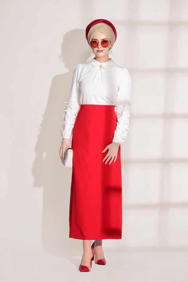 Tesettür giyim  T 7907 Armalin- Boncuk İşlemeli Erkek Yaka Bluz - TRENDTESETTÜR