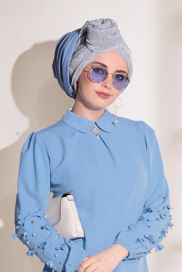 Tesettür giyim  T 7907 Armalin- Boncuk İşlemeli Erkek Yaka Bluz - TRENDTESETTÜR