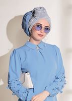 Tesettür giyim MAVİ T 7907 Armalin- Boncuk İşlemeli Erkek Yaka Bluz