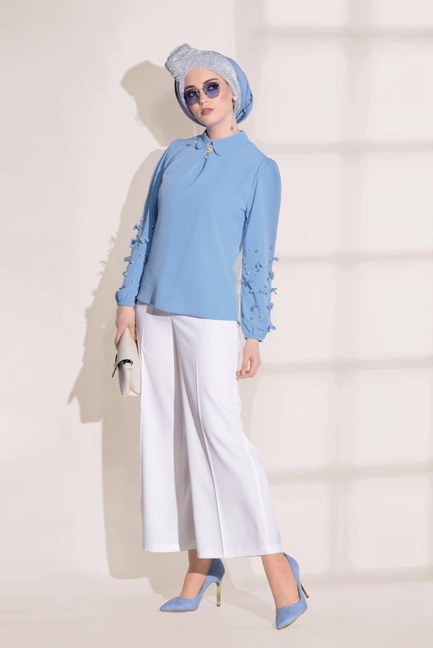 Tesettür giyim  T 7907 Armalin- Boncuk İşlemeli Erkek Yaka Bluz - TRENDTESETTÜR