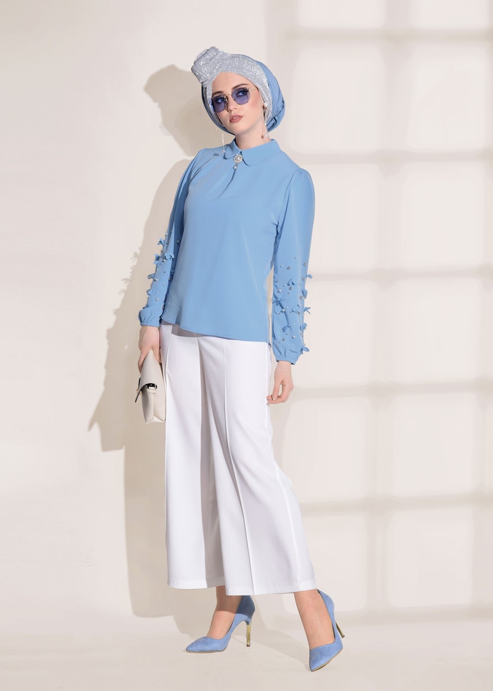 Tesettür giyim MAVİ T 7907 Armalin- Boncuk İşlemeli Erkek Yaka Bluz