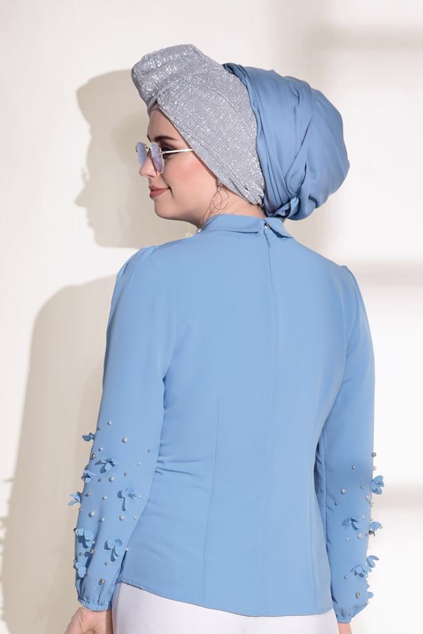 Tesettür giyim  T 7907 Armalin- Boncuk İşlemeli Erkek Yaka Bluz - TRENDTESETTÜR