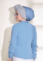 Tesettür giyim MAVİ T 7907 Armalin- Boncuk İşlemeli Erkek Yaka Bluz