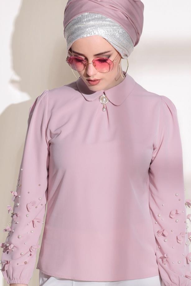 Tesettür giyim  T 7907 Armalin- Boncuk İşlemeli Erkek Yaka Bluz - TRENDTESETTÜR