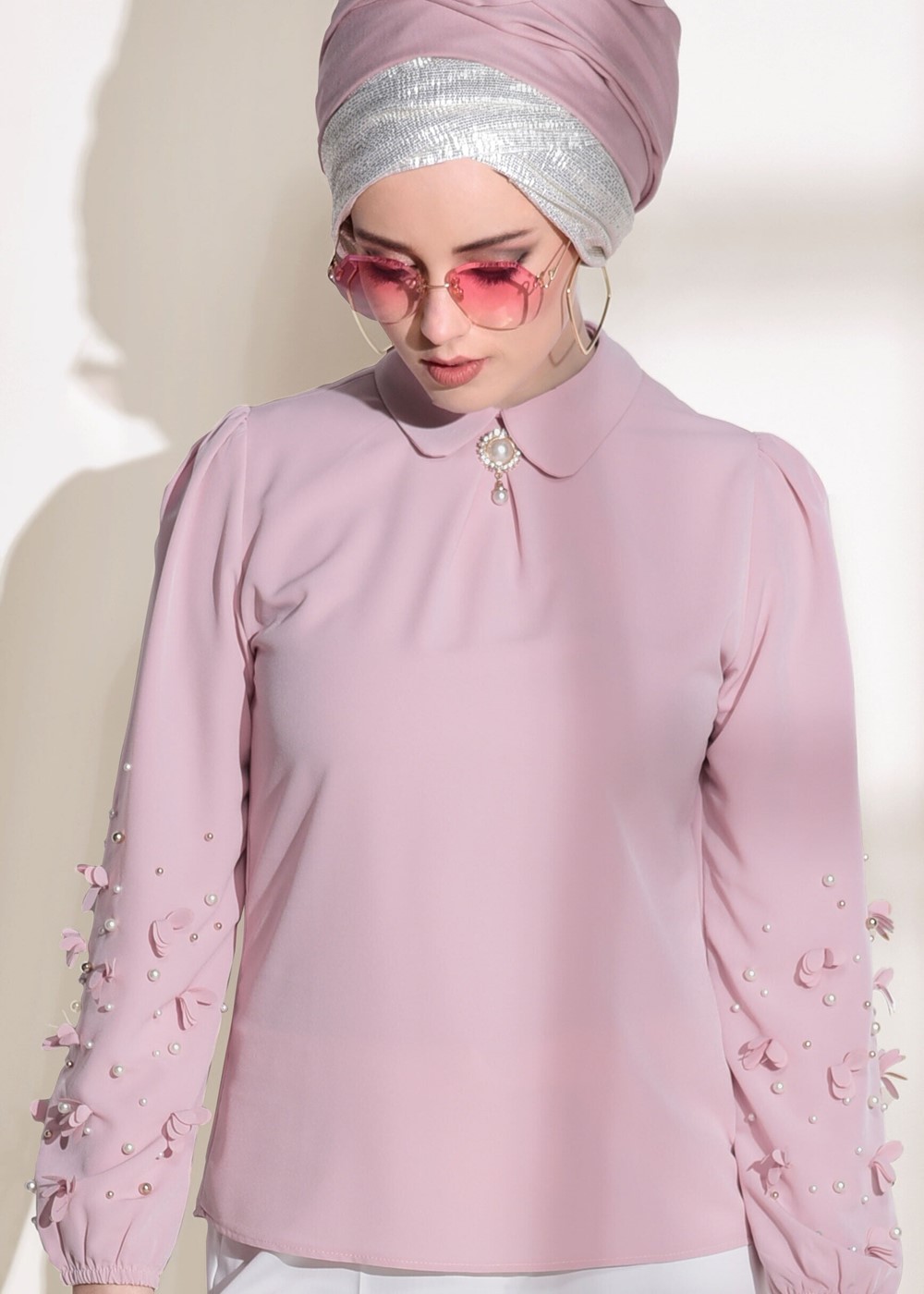 Tesettür giyim PUDRA T 7907 Armalin- Boncuk İşlemeli Erkek Yaka Bluz