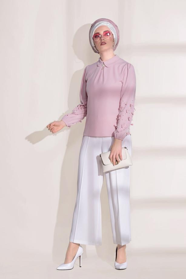 Tesettür giyim  T 7907 Armalin- Boncuk İşlemeli Erkek Yaka Bluz - TRENDTESETTÜR