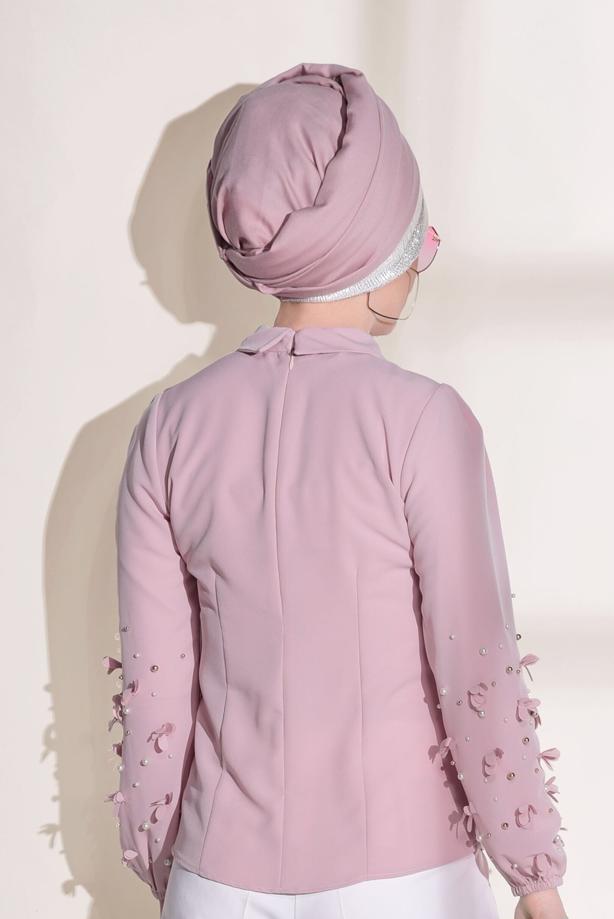 Tesettür giyim  T 7907 Armalin- Boncuk İşlemeli Erkek Yaka Bluz - TRENDTESETTÜR