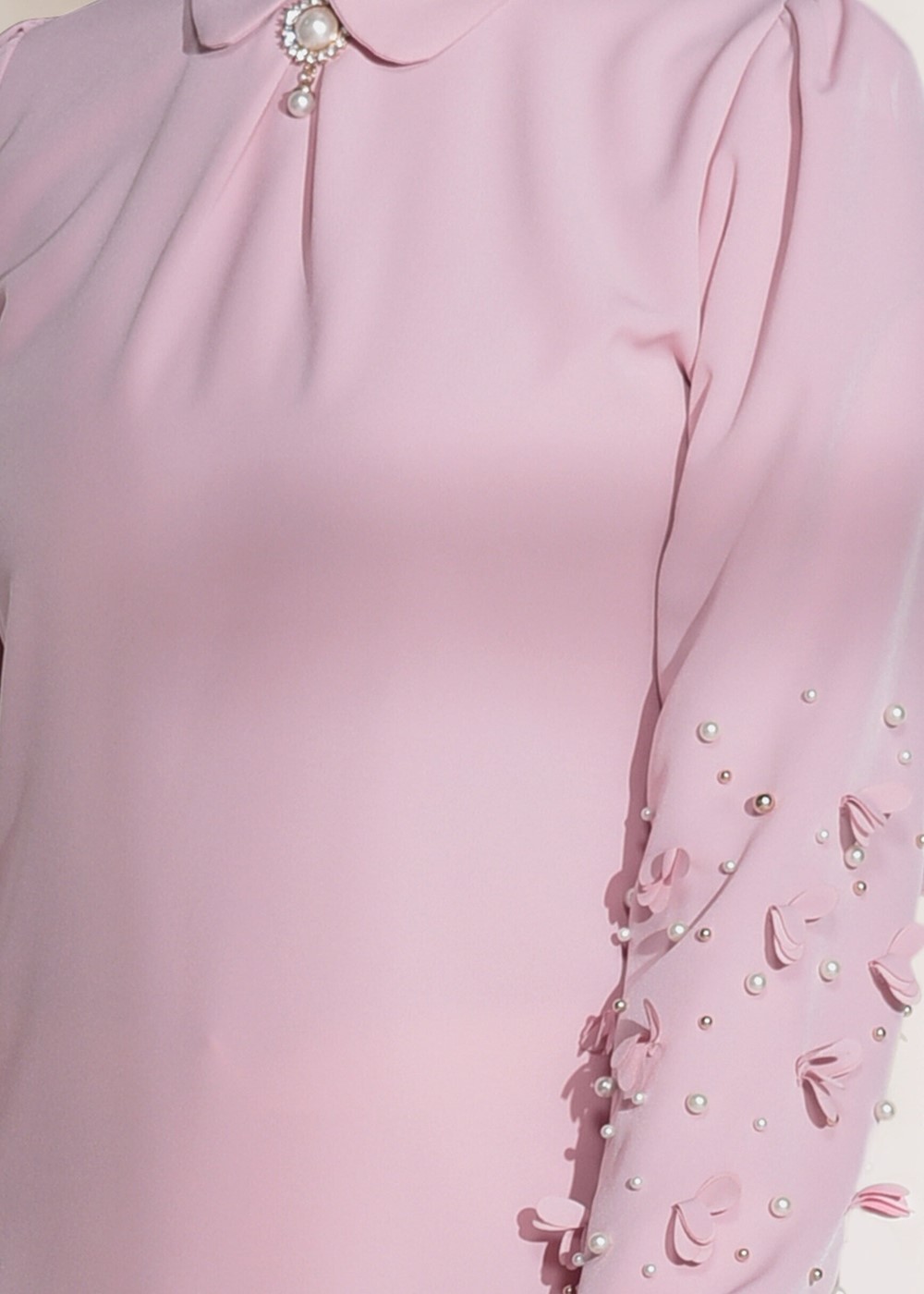 Tesettür giyim PUDRA T 7907 Armalin- Boncuk İşlemeli Erkek Yaka Bluz