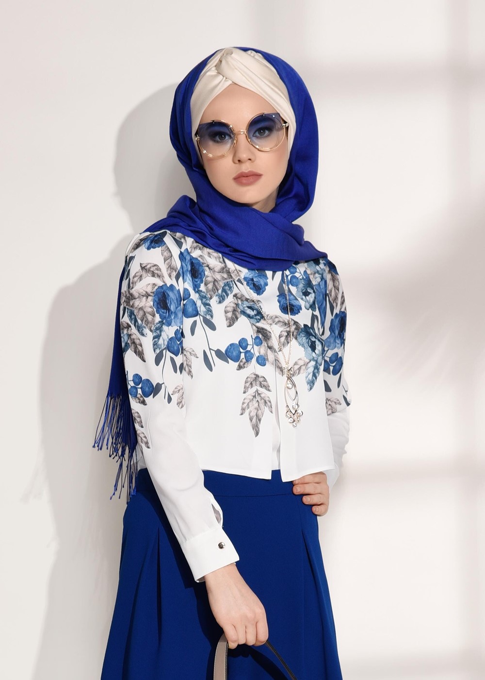 Tesettür giyim KREM T 8094 Armalin-Çiçek Desenli Bluz