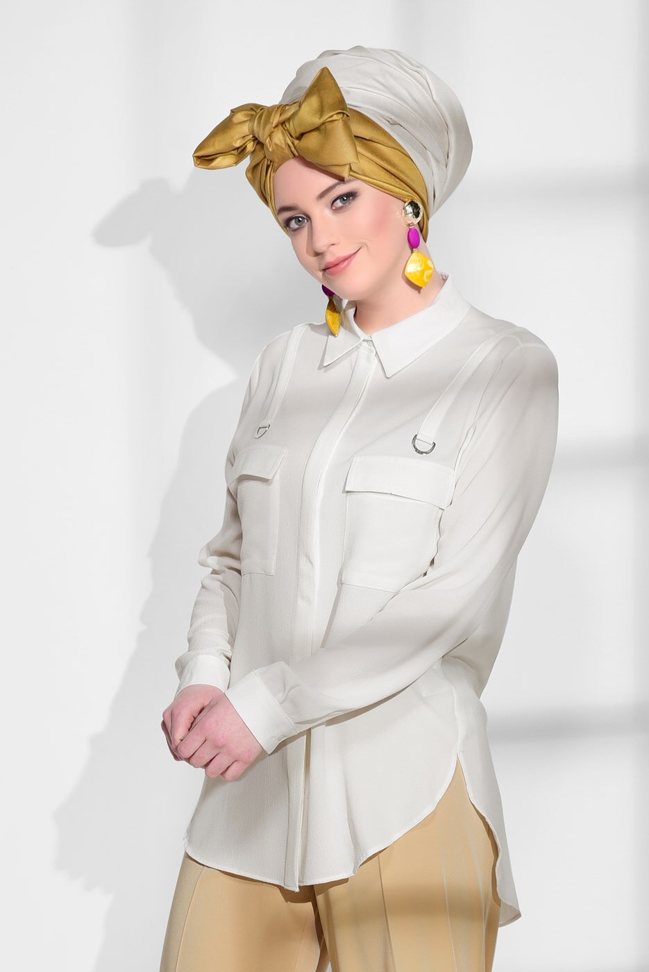 Vêtements hijab CRÈME CHEMISIER DÉTAIL POCHE 8202