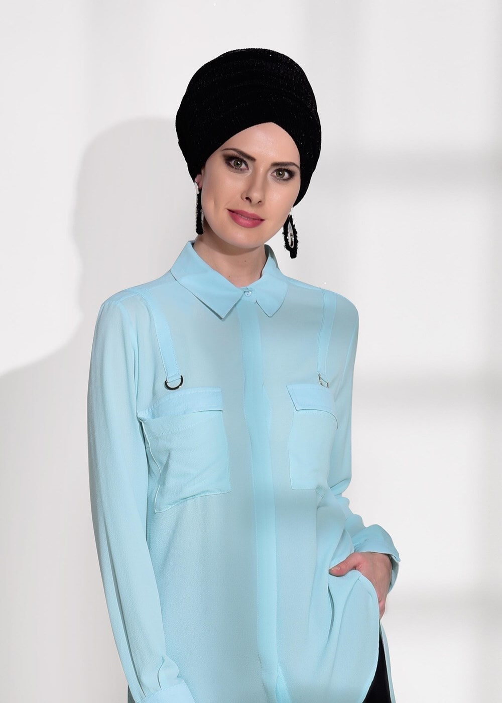 Vêtements hijab BLEU CHEMISIER DÉTAIL POCHE 8202