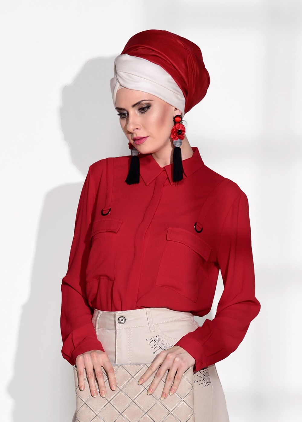 Vêtements hijab ROUGE CHEMISIER DÉTAIL POCHE 8202