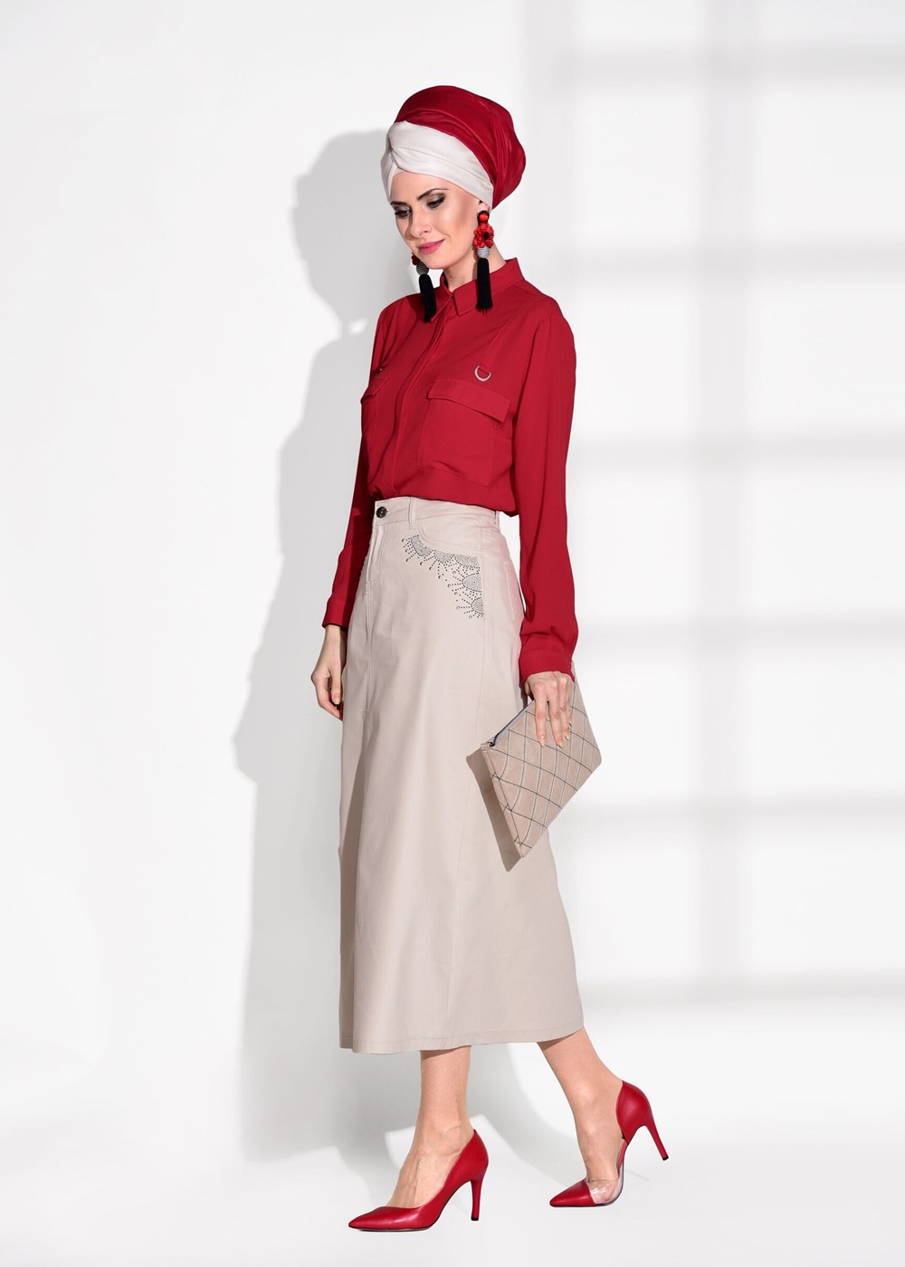 Vêtements hijab ROUGE CHEMISIER DÉTAIL POCHE 8202