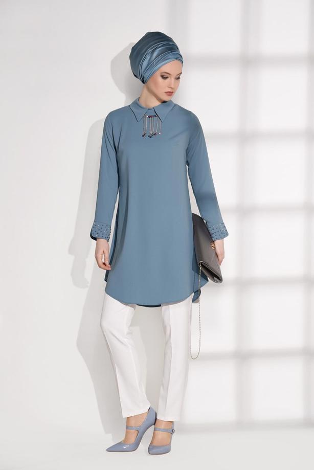 Tesettür giyim  MANŞETLERİ BONCUK DETAYLI TUNİK 8707  - TRENDTESETTÜR