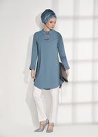 Tesettür giyim MAVİ MANŞETLERİ BONCUK DETAYLI TUNİK 8707 