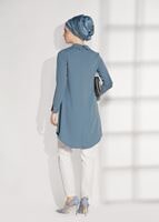 Tesettür giyim MAVİ MANŞETLERİ BONCUK DETAYLI TUNİK 8707 