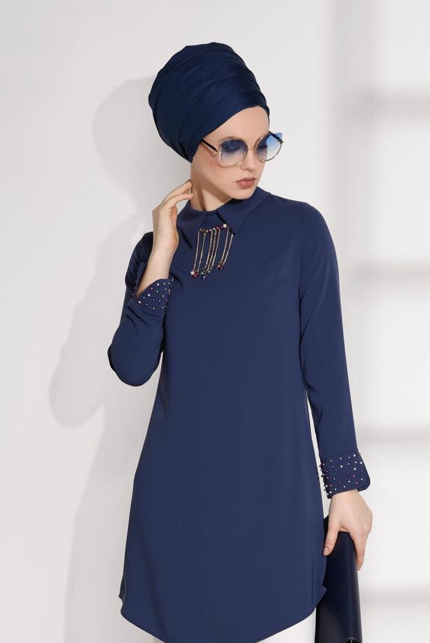 Tesettür giyim  MANŞETLERİ BONCUK DETAYLI TUNİK 8707  - TRENDTESETTÜR