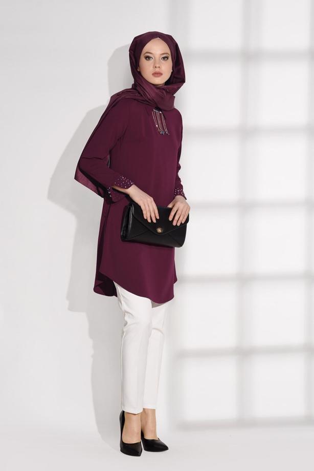 Tesettür giyim  MANŞETLERİ BONCUK DETAYLI TUNİK 8707  - TRENDTESETTÜR