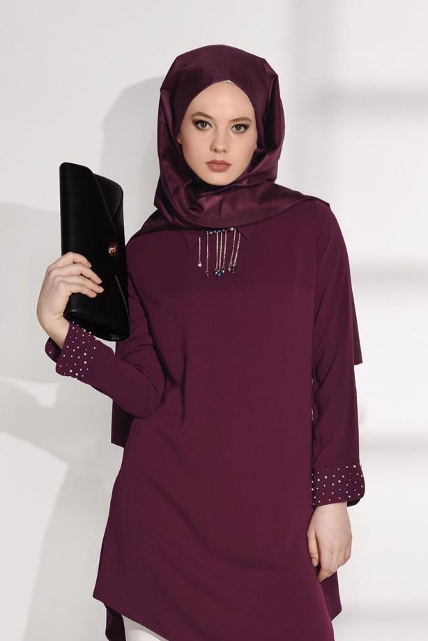 Tesettür giyim  MANŞETLERİ BONCUK DETAYLI TUNİK 8707  - TRENDTESETTÜR