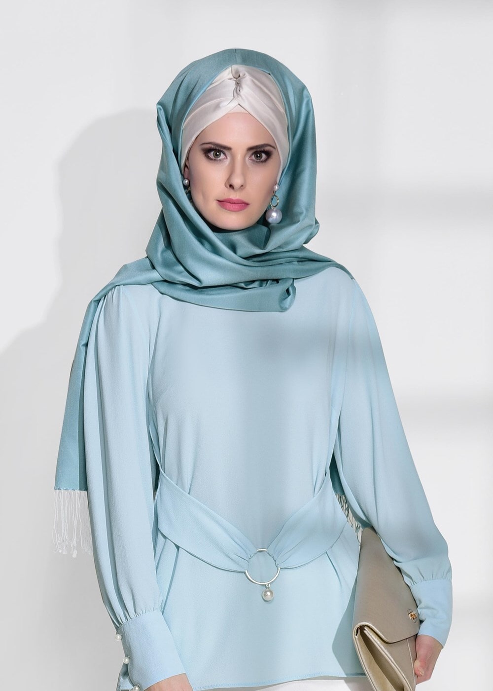 Vêtements hijab BLEU CHEMISIER À DÉTAILS CEINTURE 9001